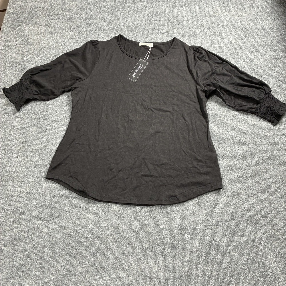 Fantaslook Black Puff Sleeve Top Smocked Cuff 3/4 Sleeve Blouse NWT Size Large